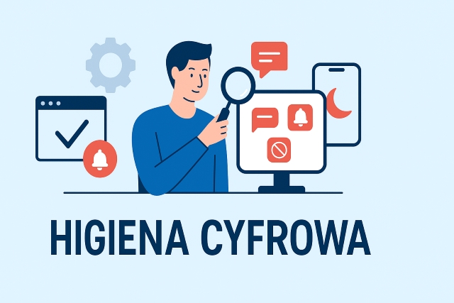 Ilustracja: osoba z lupą sprawdza ekran; ikony powiadomień i trybu nocnego; hasło „HIGIENA CYFROWA”.